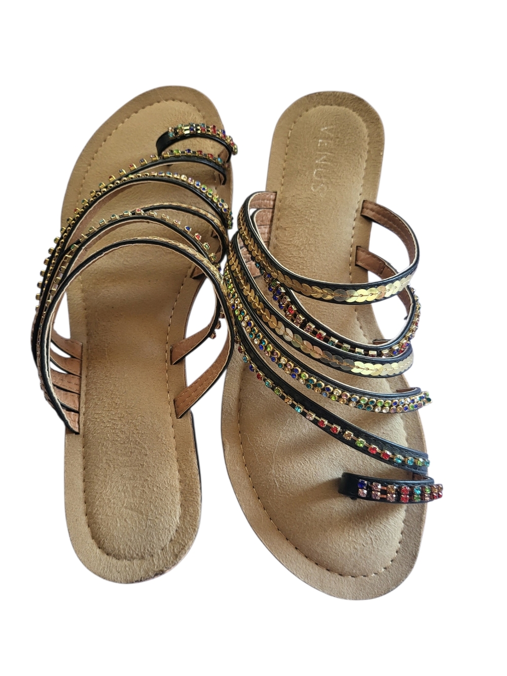 Venus Black Beaded Gladiator Sandals Size 10 Multicolor Rhinestone Flat - Picture 2 of 6